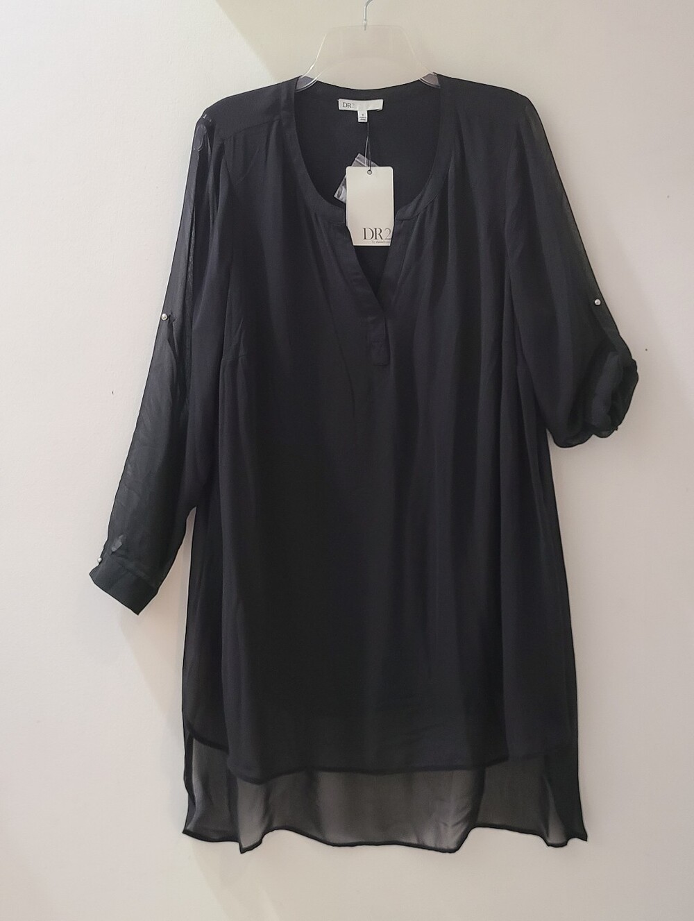 DR2 by Daniel Rainn Chiffon Tunic Blouse Black Split Hem Sz 1X NWT